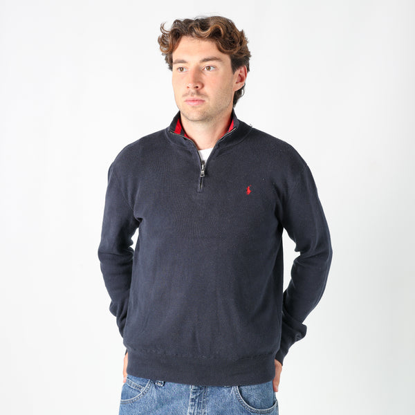 Navy Blue 90s Polo Ralph Lauren Quarter Zip Knit Sweatshirt (XL)